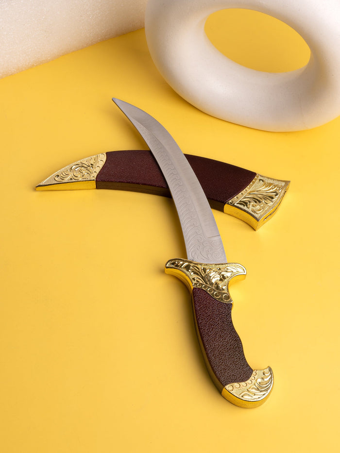 12" Knife / Dagger in a Brown Case with Golden Decoration - The Heritage Artifacts