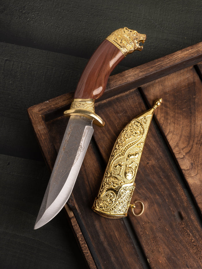 12" Royal Indian Knife / Dagger in a Golden Case - The Heritage Artifacts