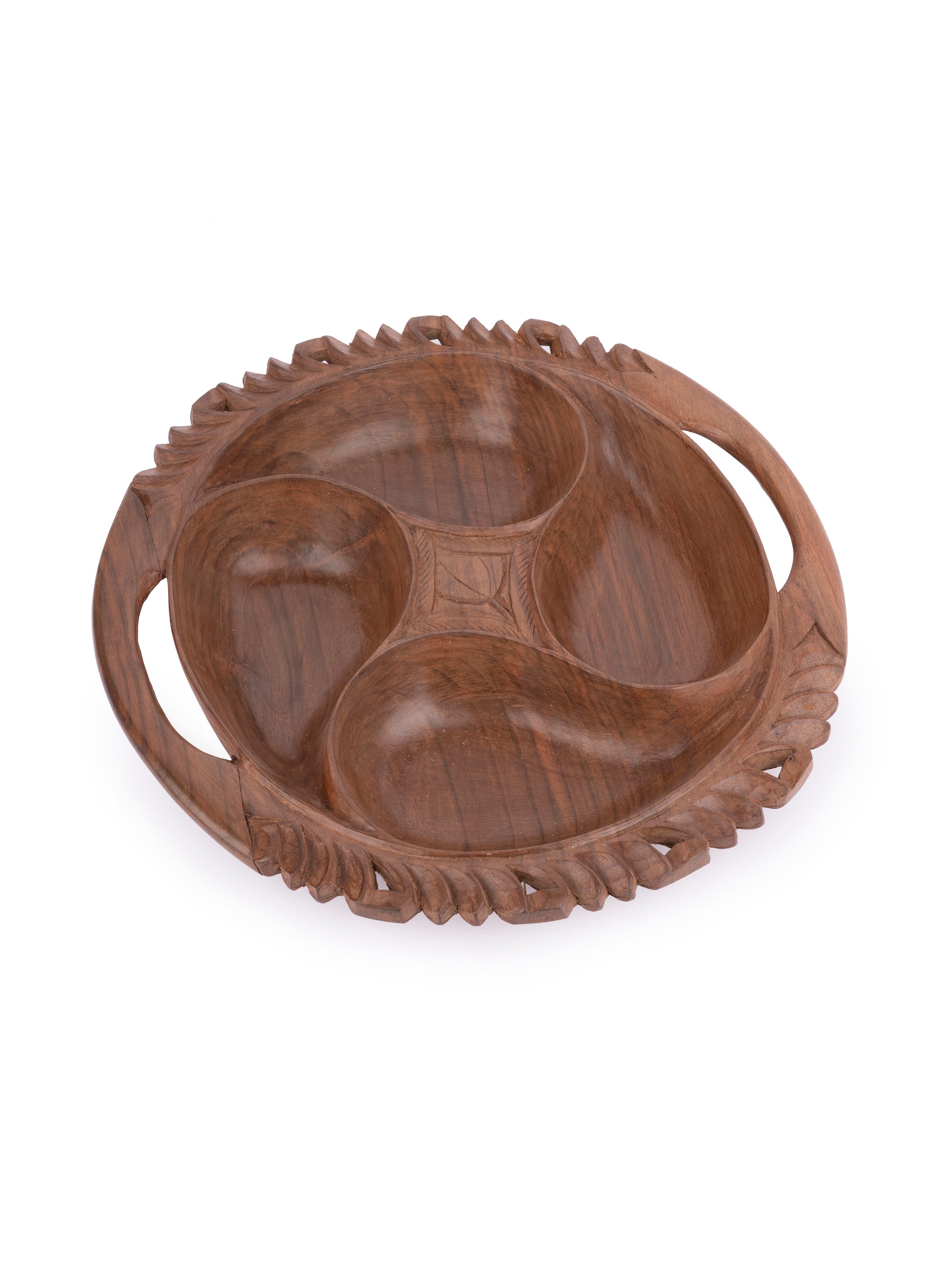 Walnut wood carved Dry Fruit Serving Bowl with 4 compartments - The Heritage Artifacts