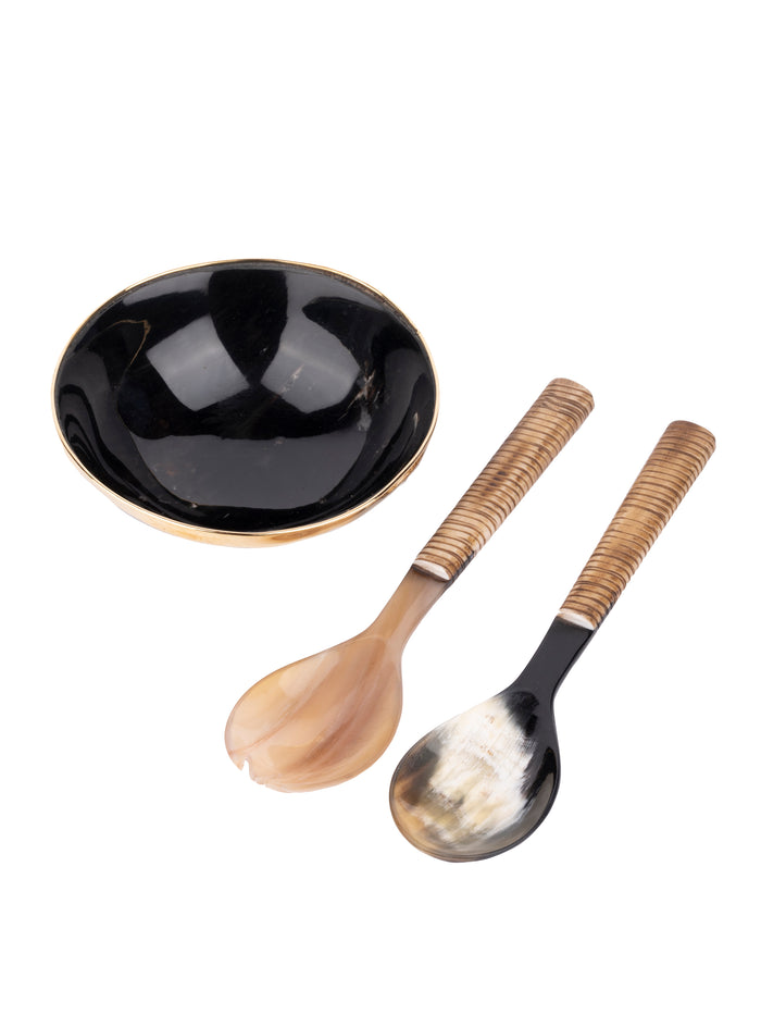 Natural Buffalo Horn Serving Bowl with Metal Rim and a set of Spoon and Fork- 5 inches dia - The Heritage Artifacts