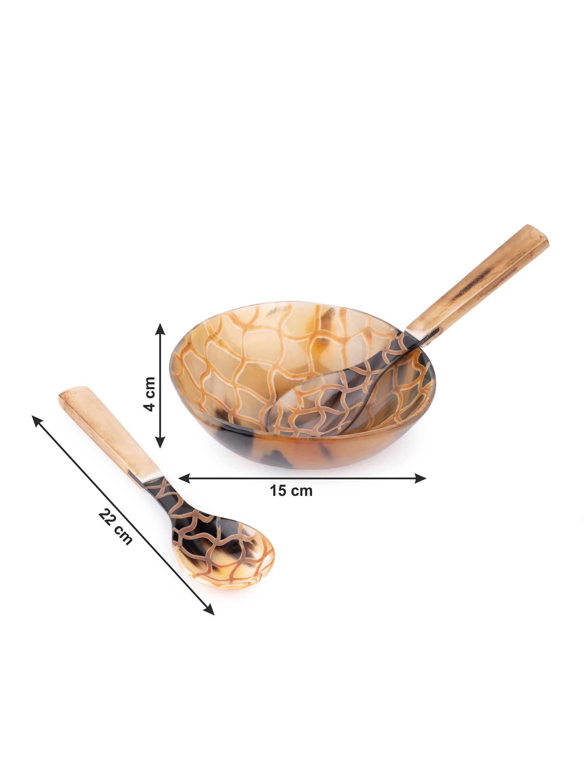 Natural Buffalo Horn Checkered Serving Bowl With Spoon and Fork Set - 6 inches dia - The Heritage Artifacts
