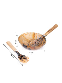 Natural Buffalo Horn Checkered Serving Bowl With Spoon and Fork Set - 6 inches dia - The Heritage Artifacts