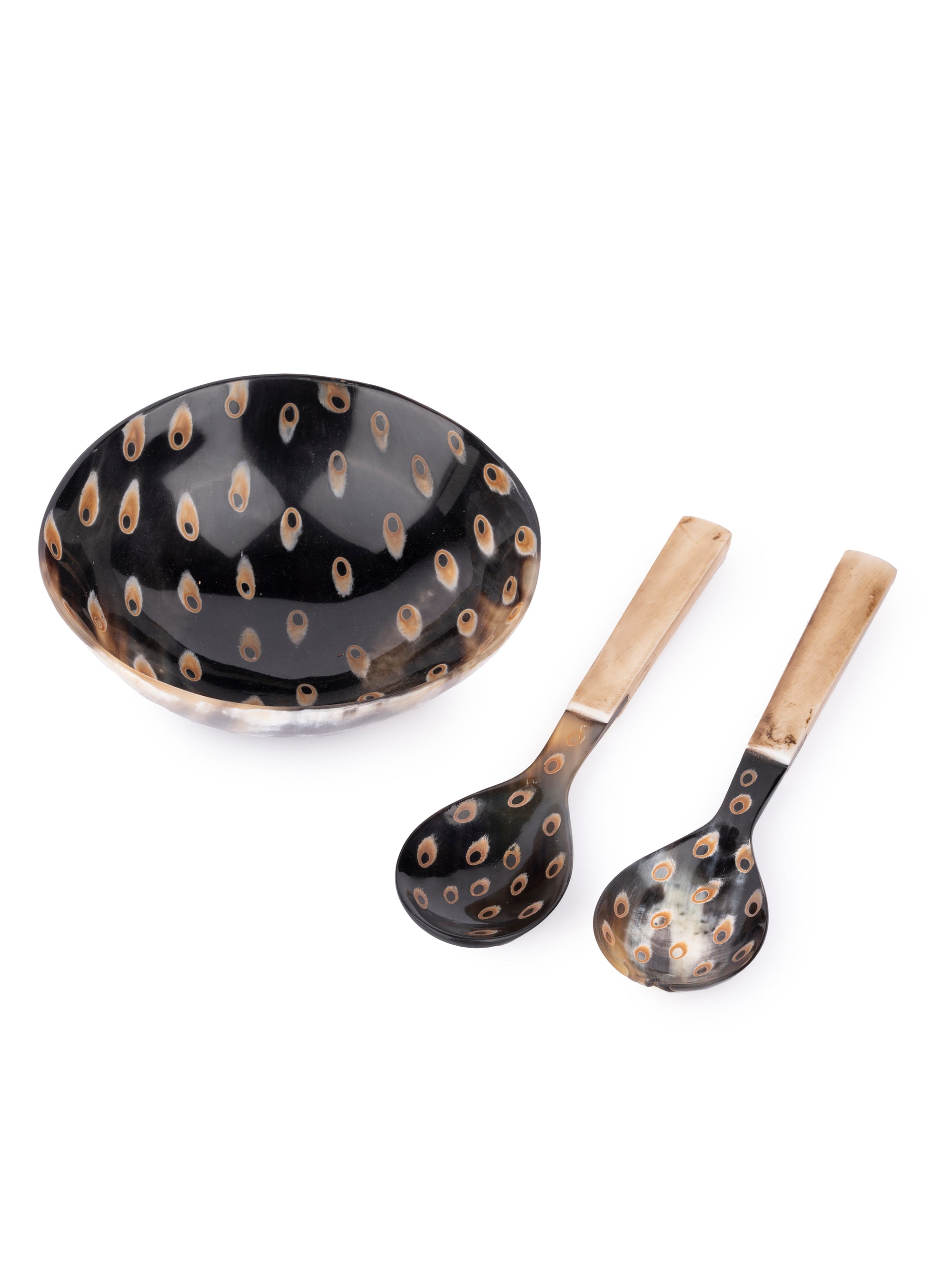 Natural Buffalo Horn Dotted Serving Bowl With Spoon and Fork Set - 6 inches dia - The Heritage Artifacts