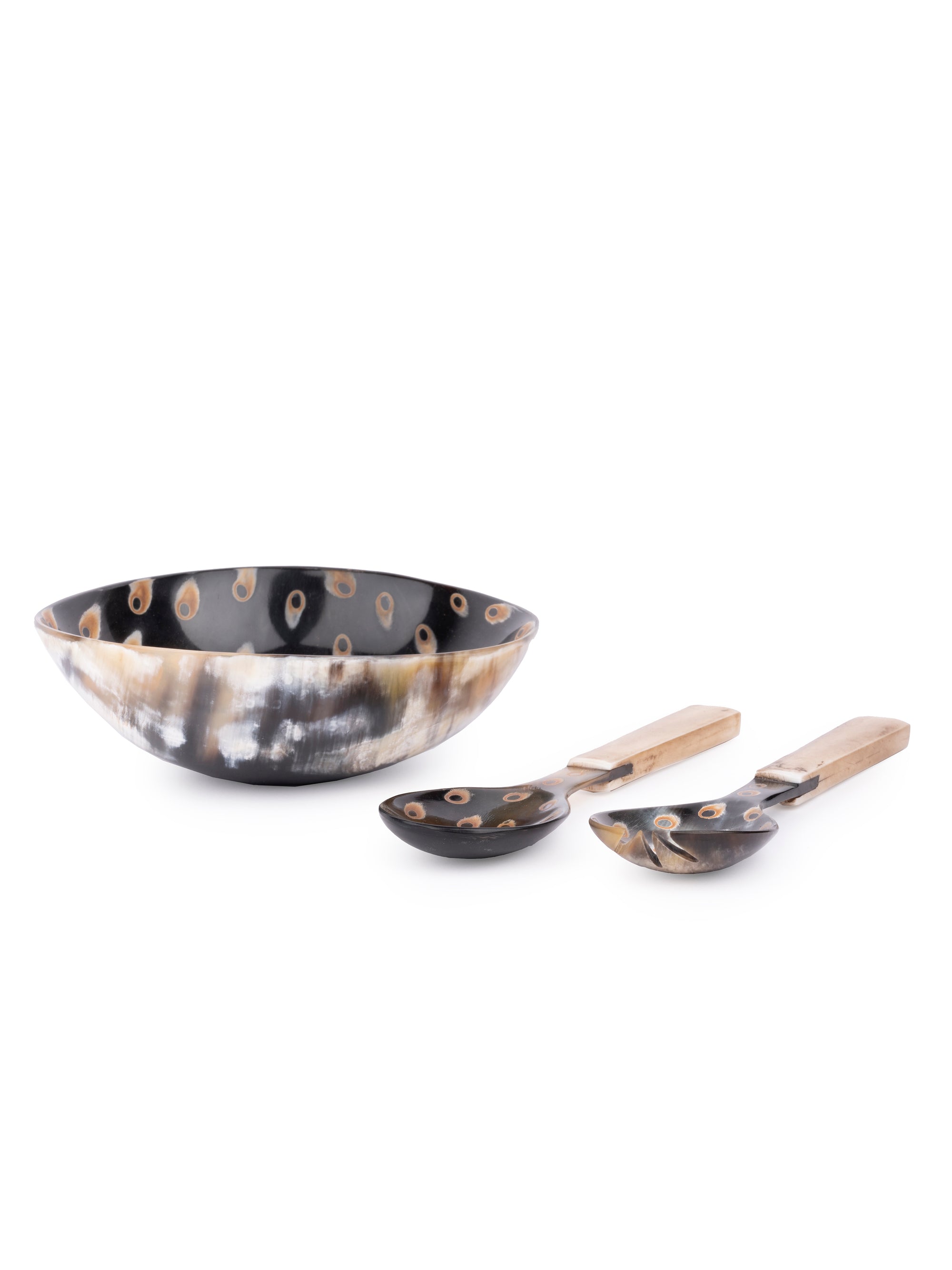 Natural Buffalo Horn Dotted Serving Bowl With Spoon and Fork Set - 6 inches dia - The Heritage Artifacts