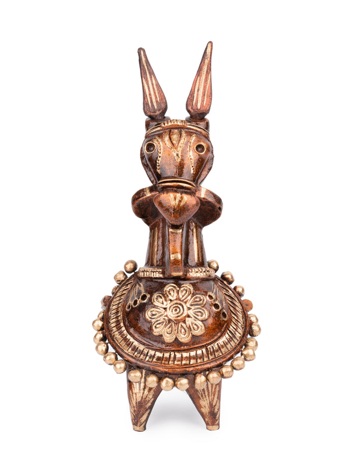 Terracotta Kathakali Design Horse Hand painted in Shiny Brown and Gold color - The Heritage Artifacts