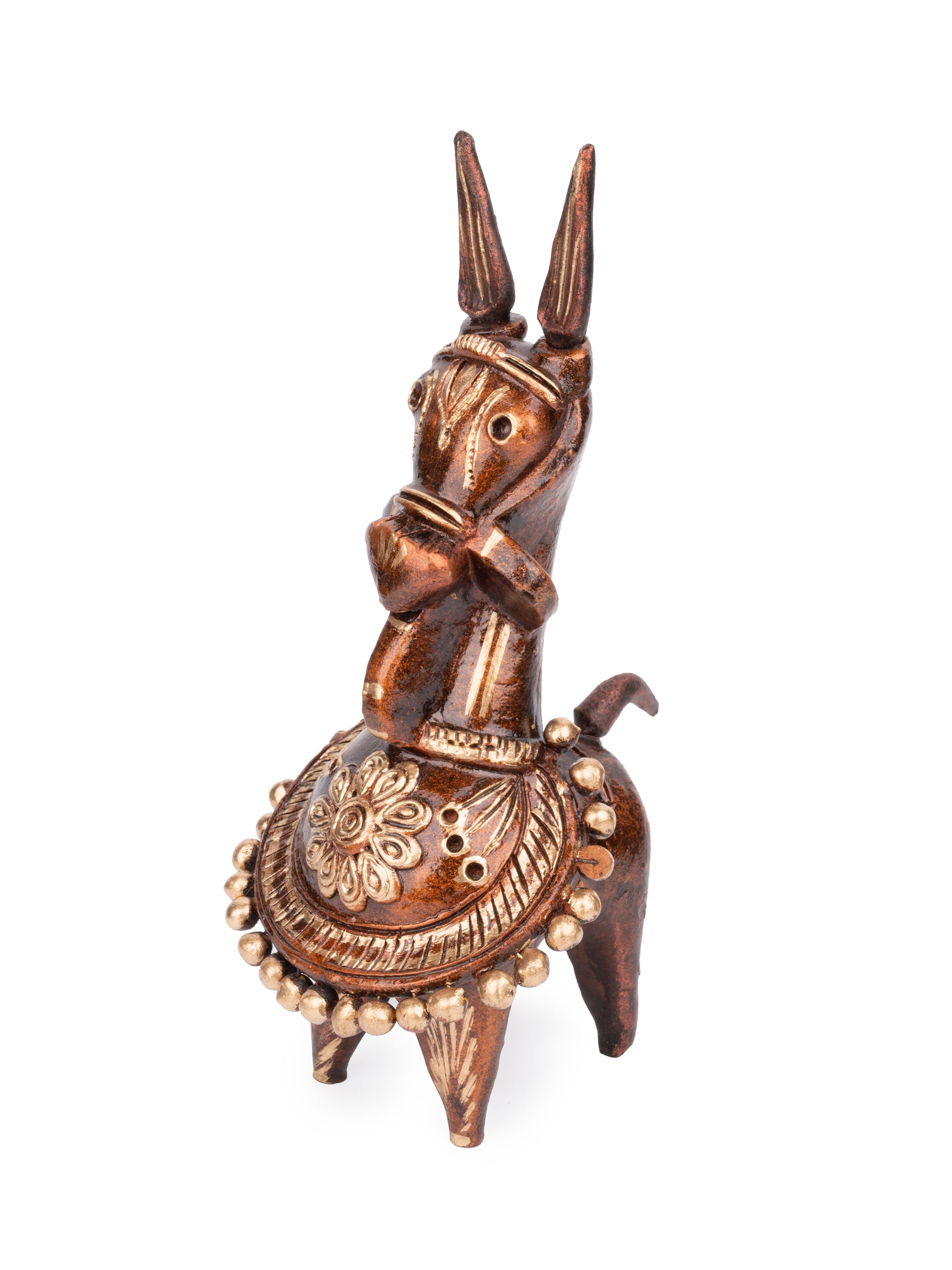 Terracotta Kathakali Design Horse Hand painted in Shiny Brown and Gold color - The Heritage Artifacts