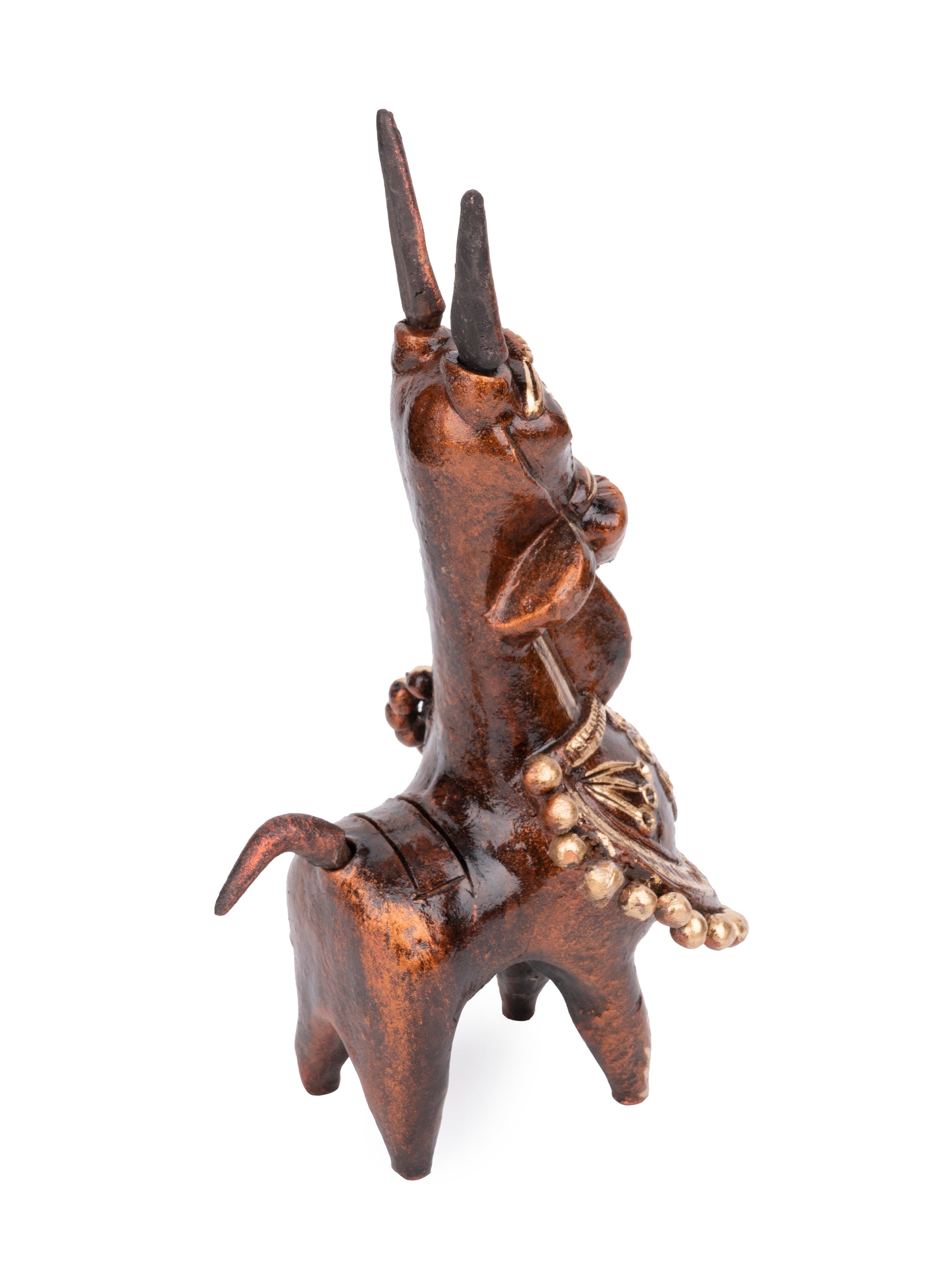 Terracotta Kathakali Design Horse Hand painted in Shiny Brown and Gold color - The Heritage Artifacts