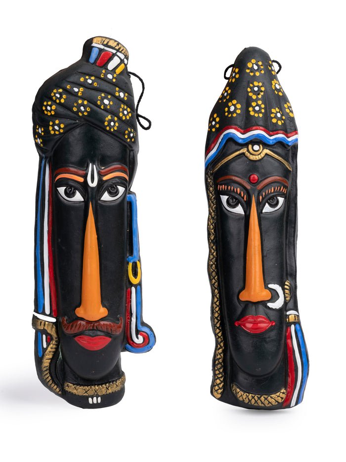 Terracotta Crafted Tribal Couple Face Mask, Decorative Wall hanging - The Heritage Artifacts
