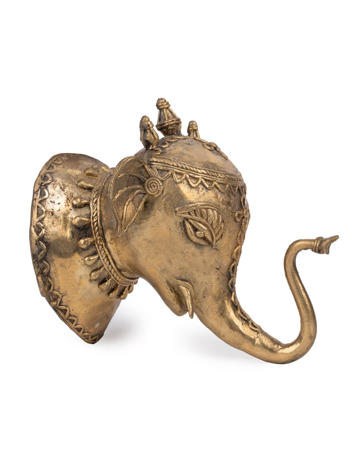Dokra Art Elephant Head Wall Hanging made of Brass metal - Big 6 inches - The Heritage Artifacts