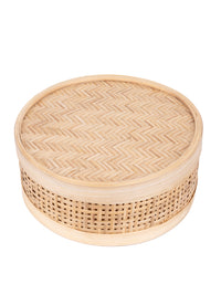 Shantiniketan Art - Bamboo Weave Round Storage Box with Lid - The Heritage Artifacts