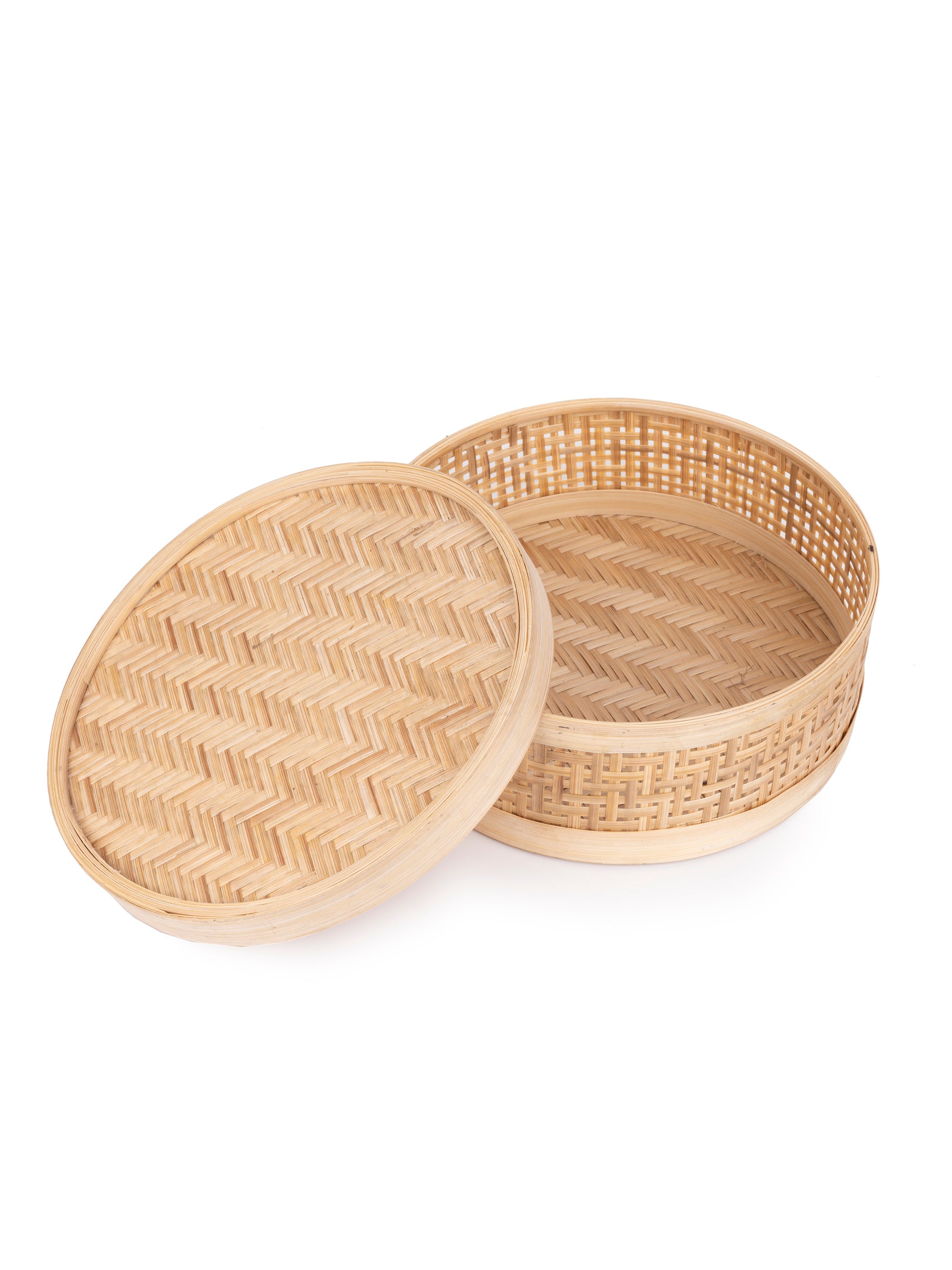 Shantiniketan Art - Bamboo Weave Round Storage Box with Lid - The Heritage Artifacts