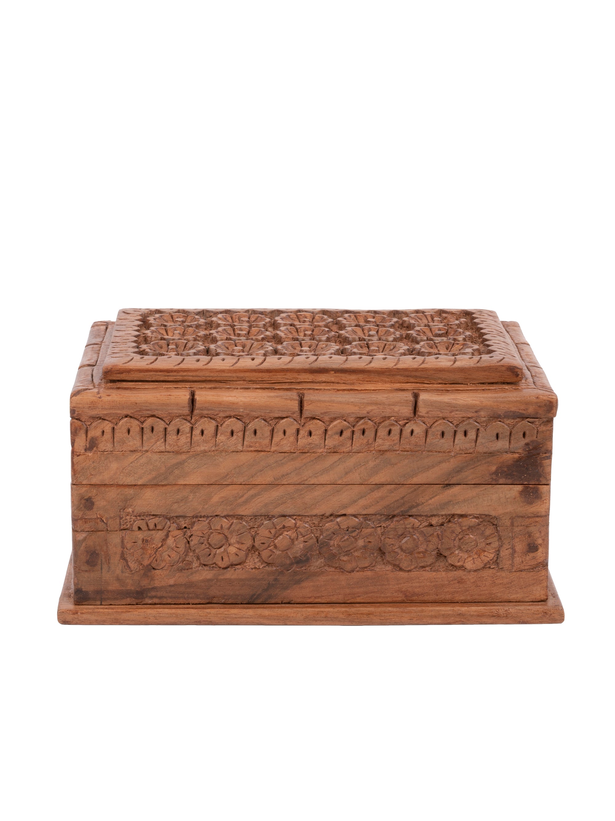 Walnut wood Rectangle Jewellery box with floral motif carving on top - 6x4 inches - The Heritage Artifacts