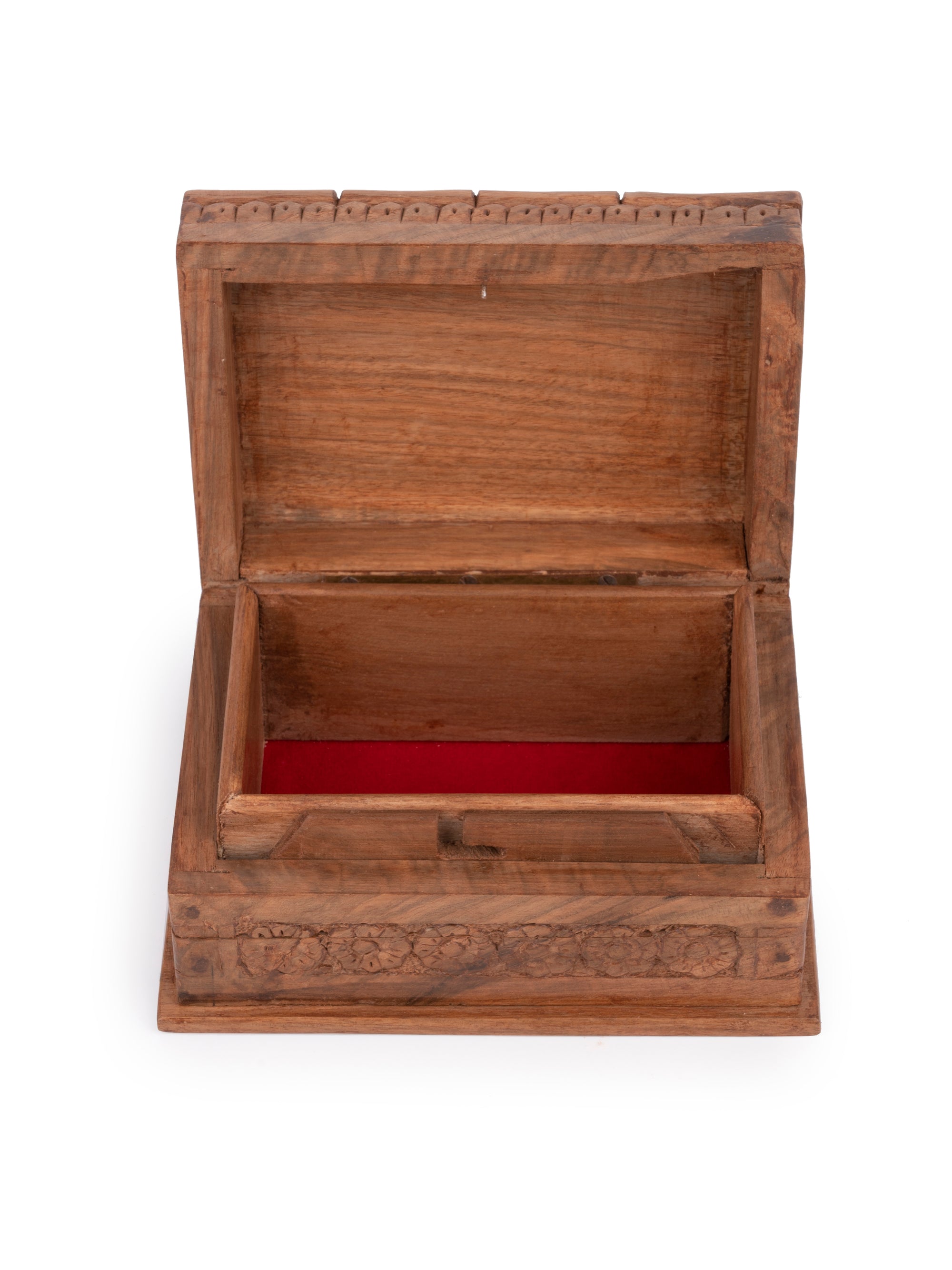 Walnut wood Rectangle Jewellery box with floral motif carving on top - 6x4 inches - The Heritage Artifacts