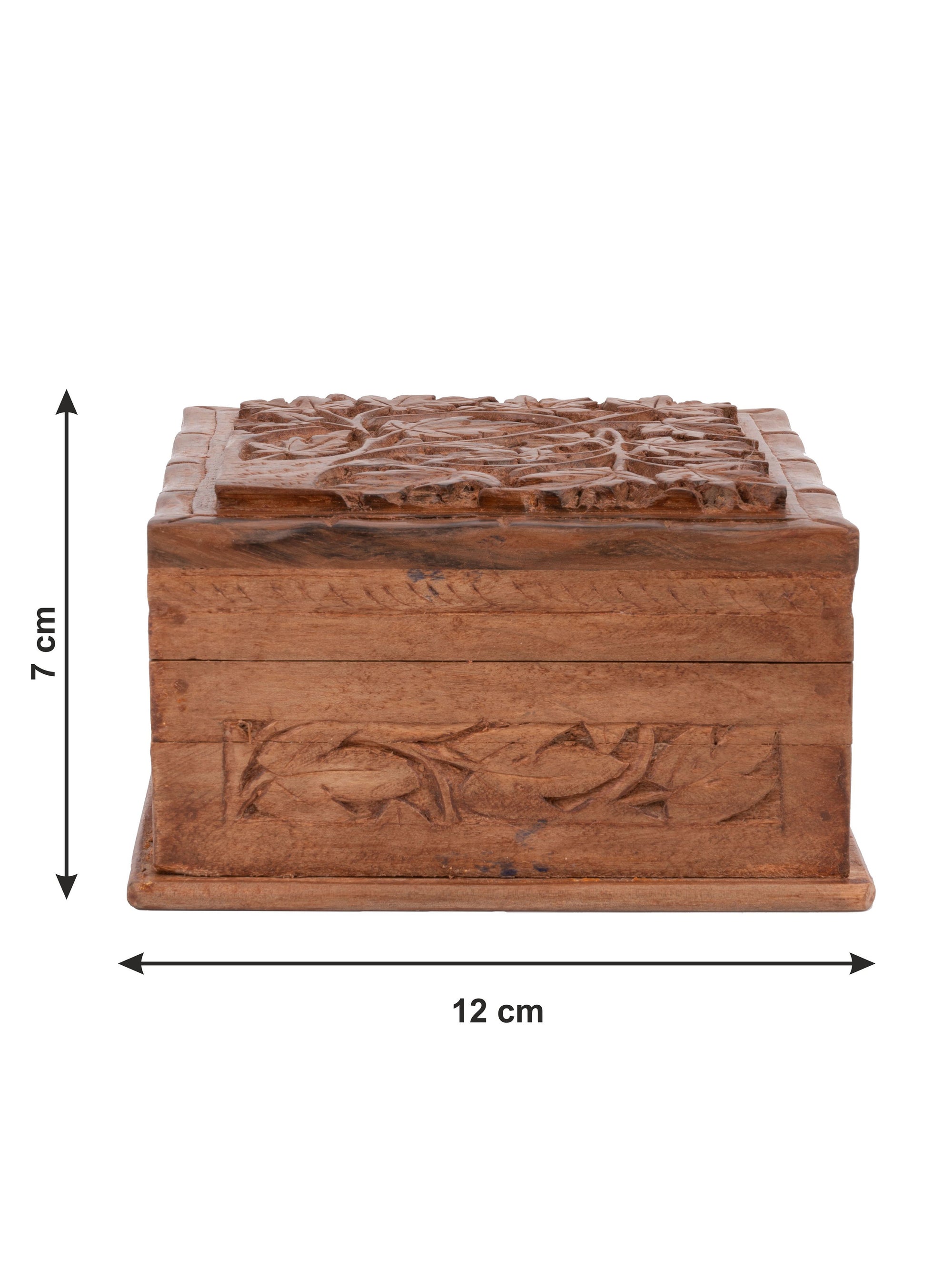 Walnut wood Square Jewellery box with Maple leaves carving on top - 5x5 inches - The Heritage Artifacts