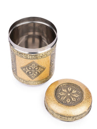 Stainless Steel Multipurpose Kitchen Canister with Meenakari work Laminated on the Exteriors - The Heritage Artifacts
