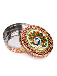 Meenakari Steel Dabba / Storage box / Chapati box / Cookie Tin - 9 inches dia - The Heritage Artifacts