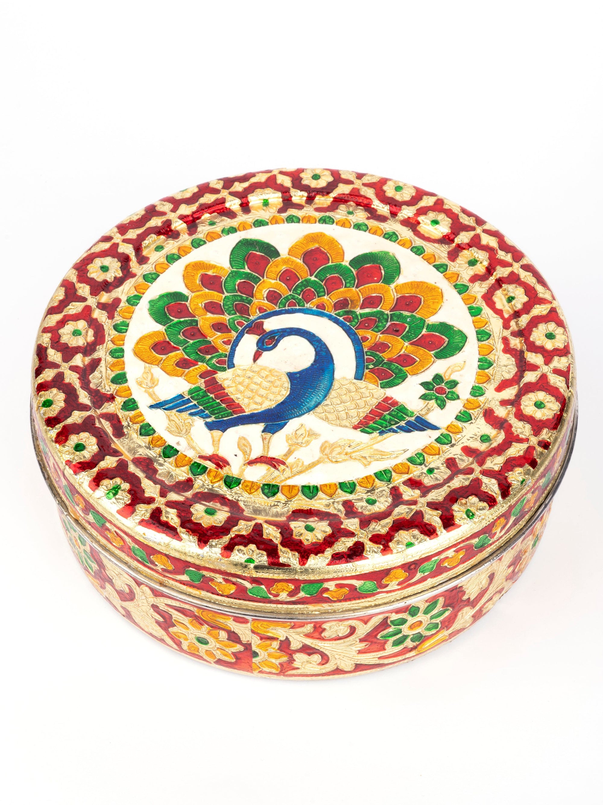 Meenakari Steel Dabba / Storage box / Chapati box / Cookie Tin - 9 inches dia - The Heritage Artifacts
