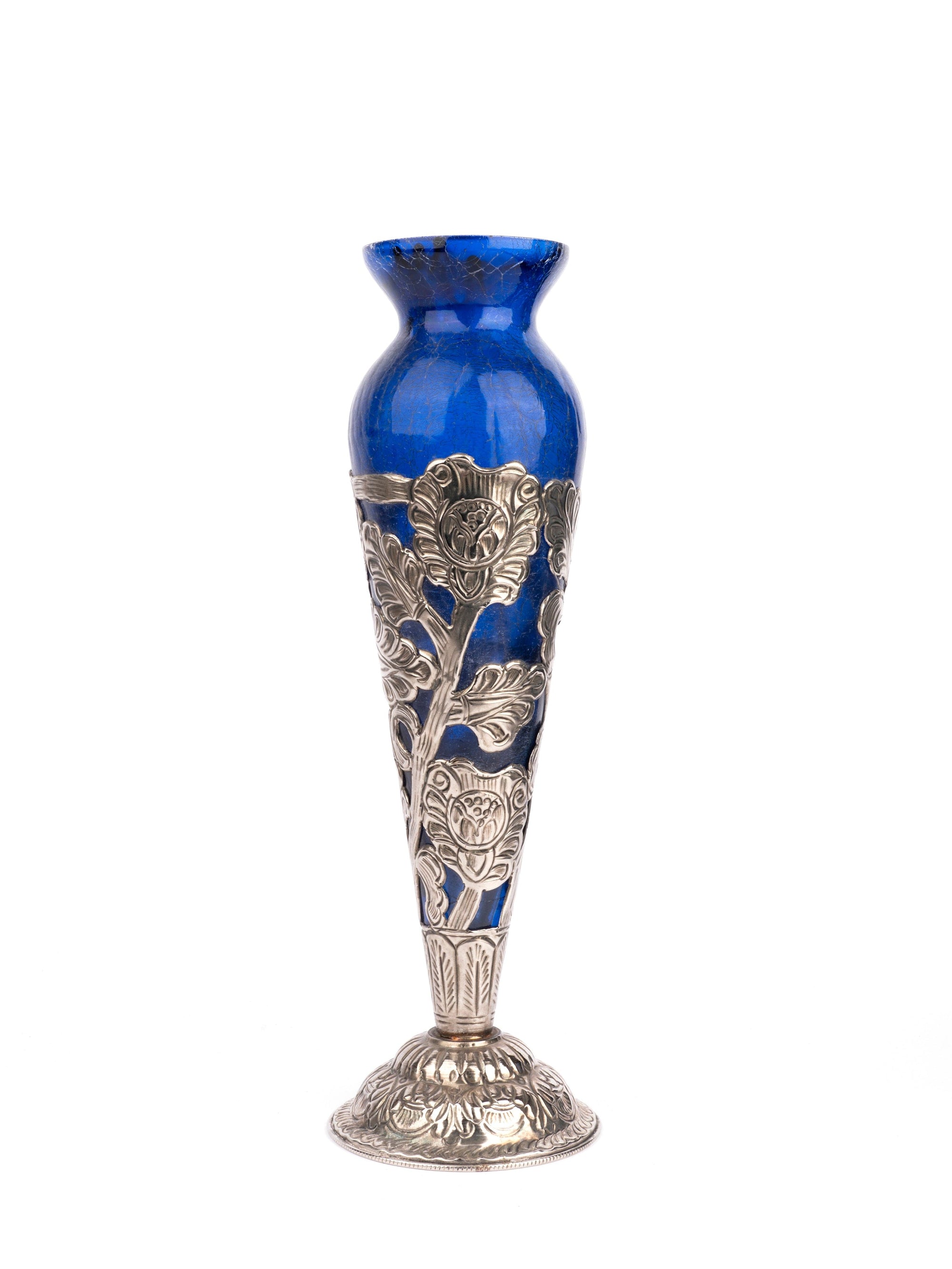 Antique Finish Aluminium wrapped Blue Glass Flower Vase - 13 inches height - The Heritage Artifacts