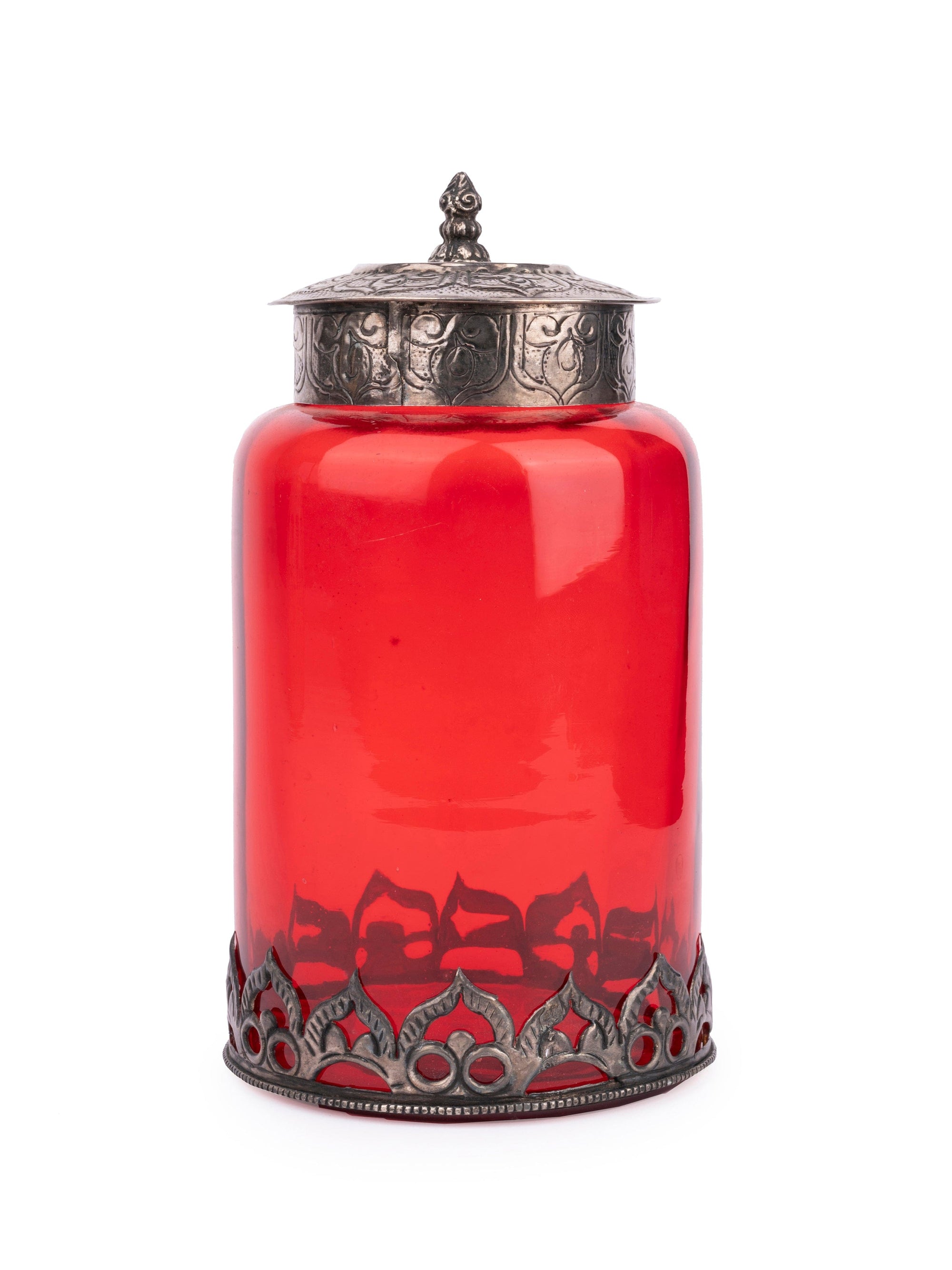 Red Glass Container with Vintage look Metal design on Top and Bottom - The Heritage Artifacts