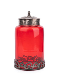Red Glass Container with Vintage look Metal design on Top and Bottom - The Heritage Artifacts