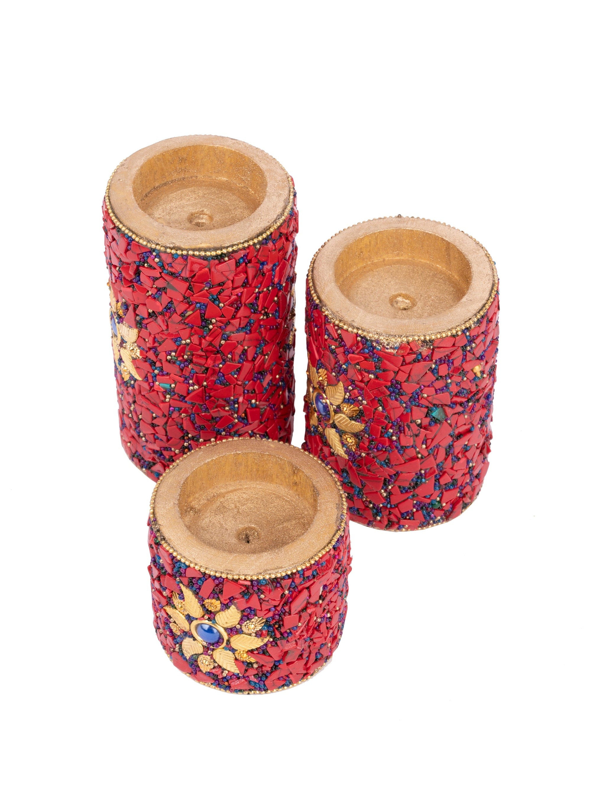 Traditional Meenakari Tea Light Candle Holder Set of 3 pcs - Red - The Heritage Artifacts