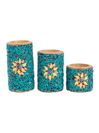 Traditional Meenakari Tea Light Candle Holder Set of 3 pcs - Blue - The Heritage Artifacts