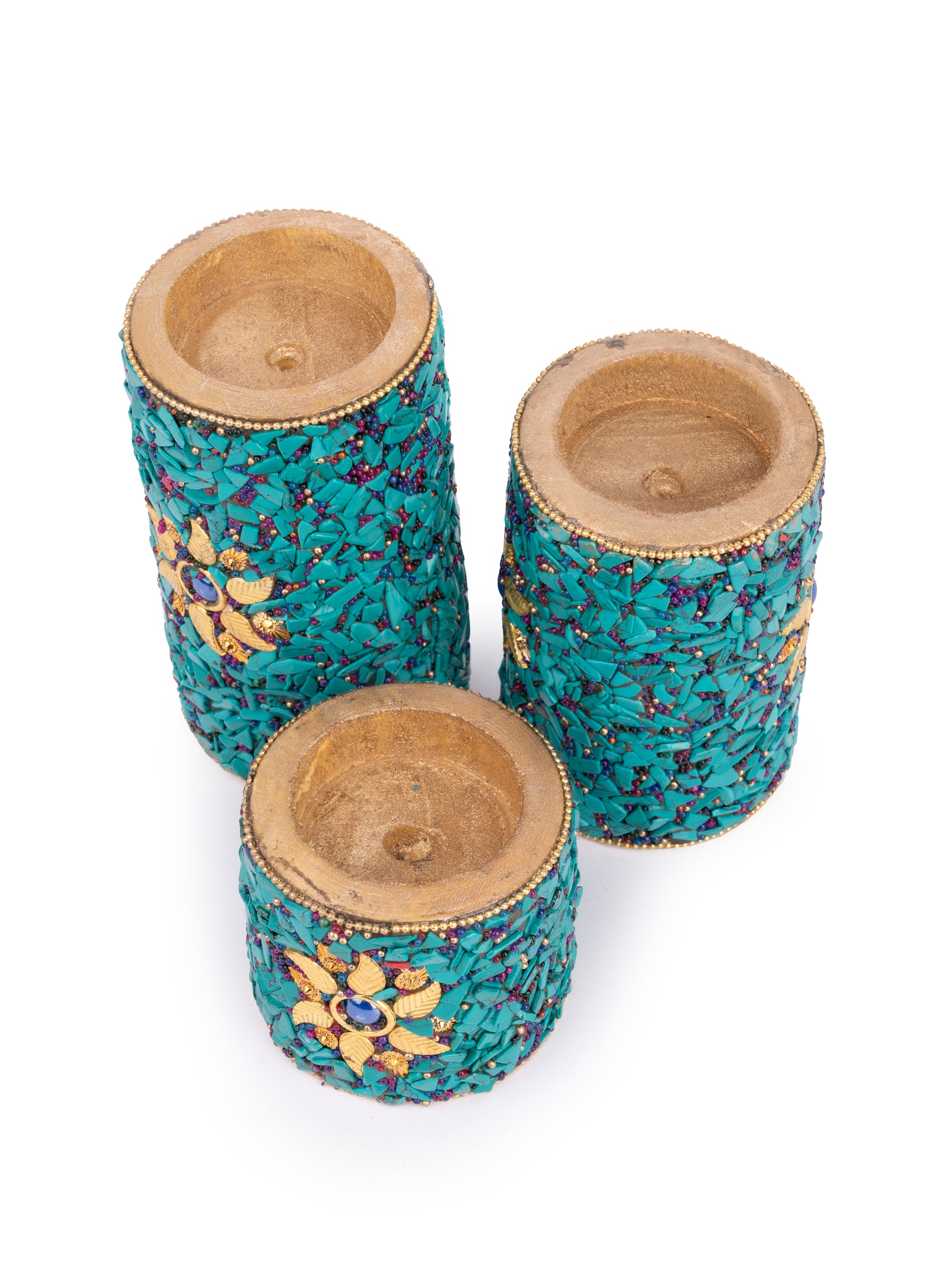Traditional Meenakari Tea Light Candle Holder Set of 3 pcs - Blue - The Heritage Artifacts