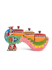 Meenakari Art Peacock Design Holder with 3 Containers for Storing Dry fruits / Spices / Mukhwas - The Heritage Artifacts