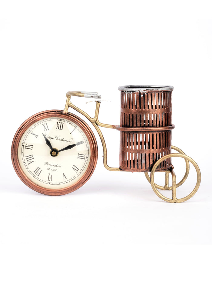 Cycle Design Pen / Pencil Holder with Clock for Desktop Use - The Heritage Artifacts