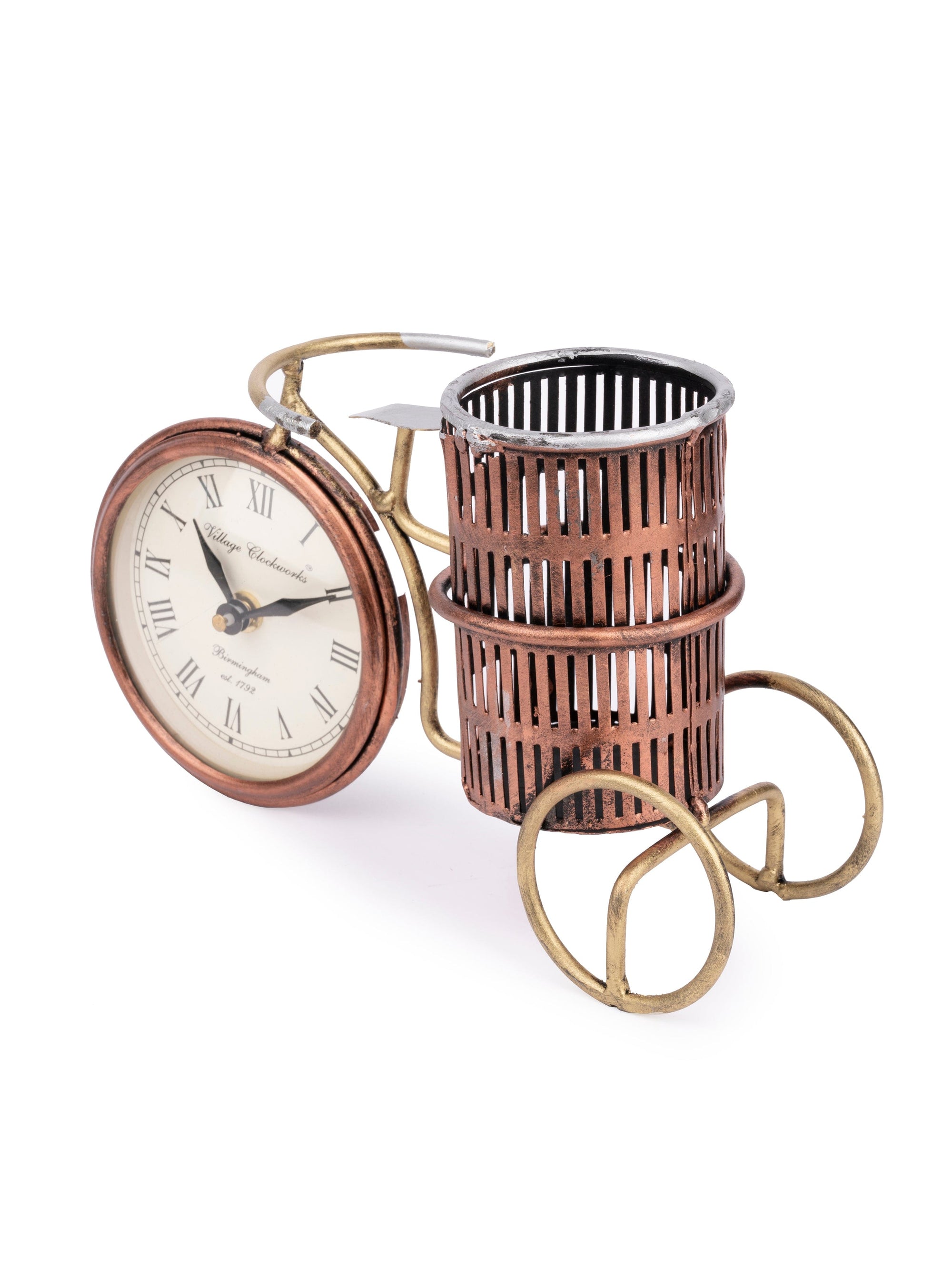 Cycle Design Pen / Pencil Holder with Clock for Desktop Use - The Heritage Artifacts
