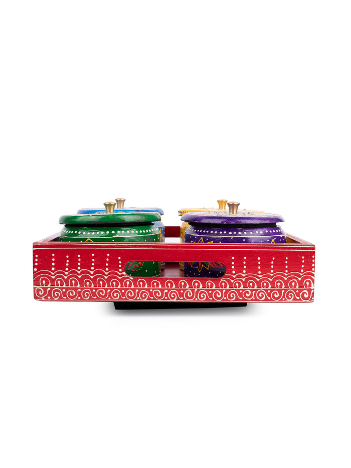 Meenakari Work Dry Fruit Storage Set with 4 Containers and 1 Rotating Tray - The Heritage Artifacts