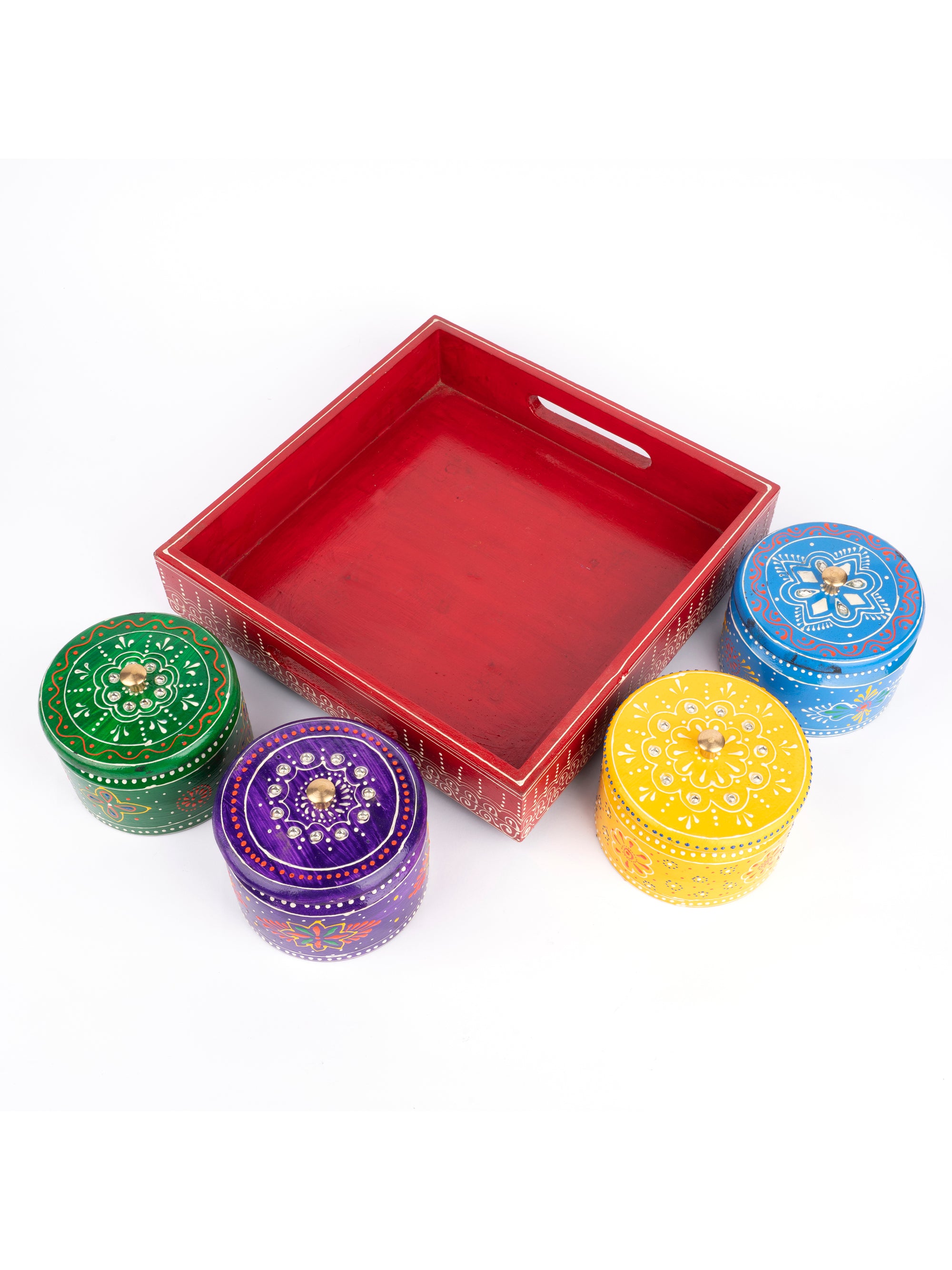 Meenakari Work Dry Fruit Storage Set with 4 Containers and 1 Rotating Tray - The Heritage Artifacts