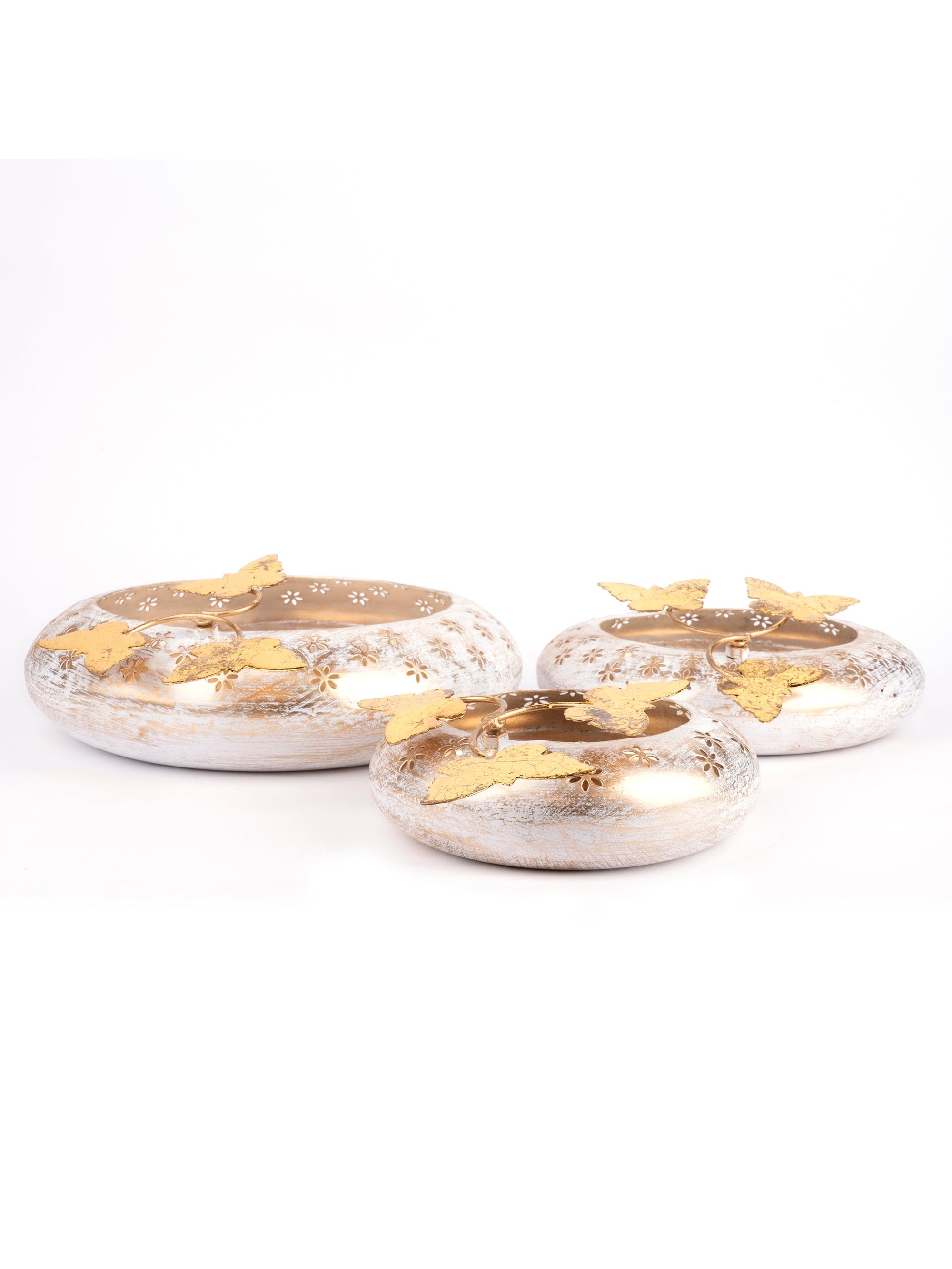 Metal crafted White and Gold Butterfly Urli / Bowl Set of 3 pcs - The Heritage Artifacts