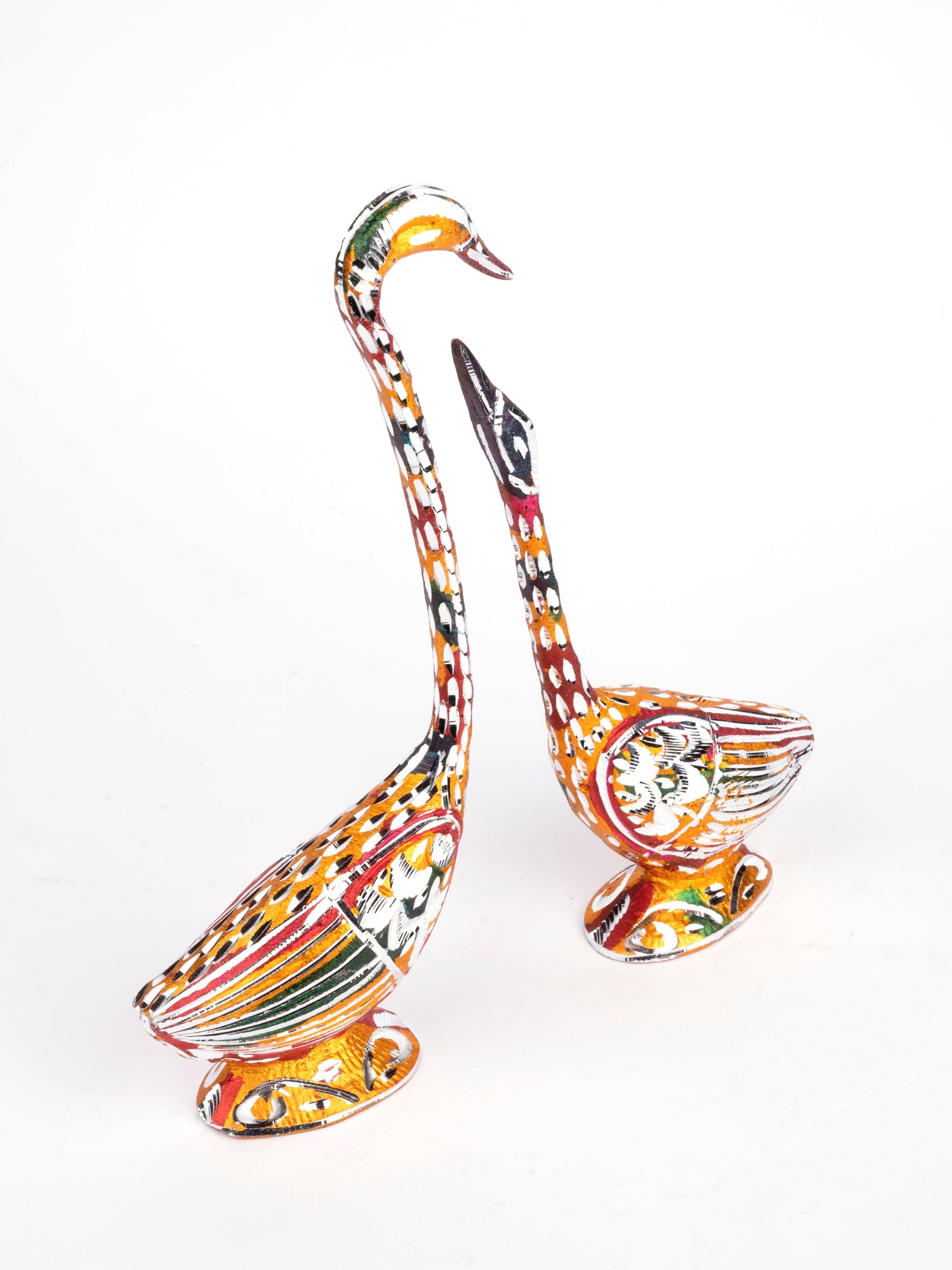 Zinc Metal Handcrafted Pair of Swan Colorful Showpiece - 8 inches height - The Heritage Artifacts