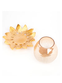 Lotus Shaped Crackled Glass Tea Light Candle Holder with Metal Base - The Heritage Artifacts