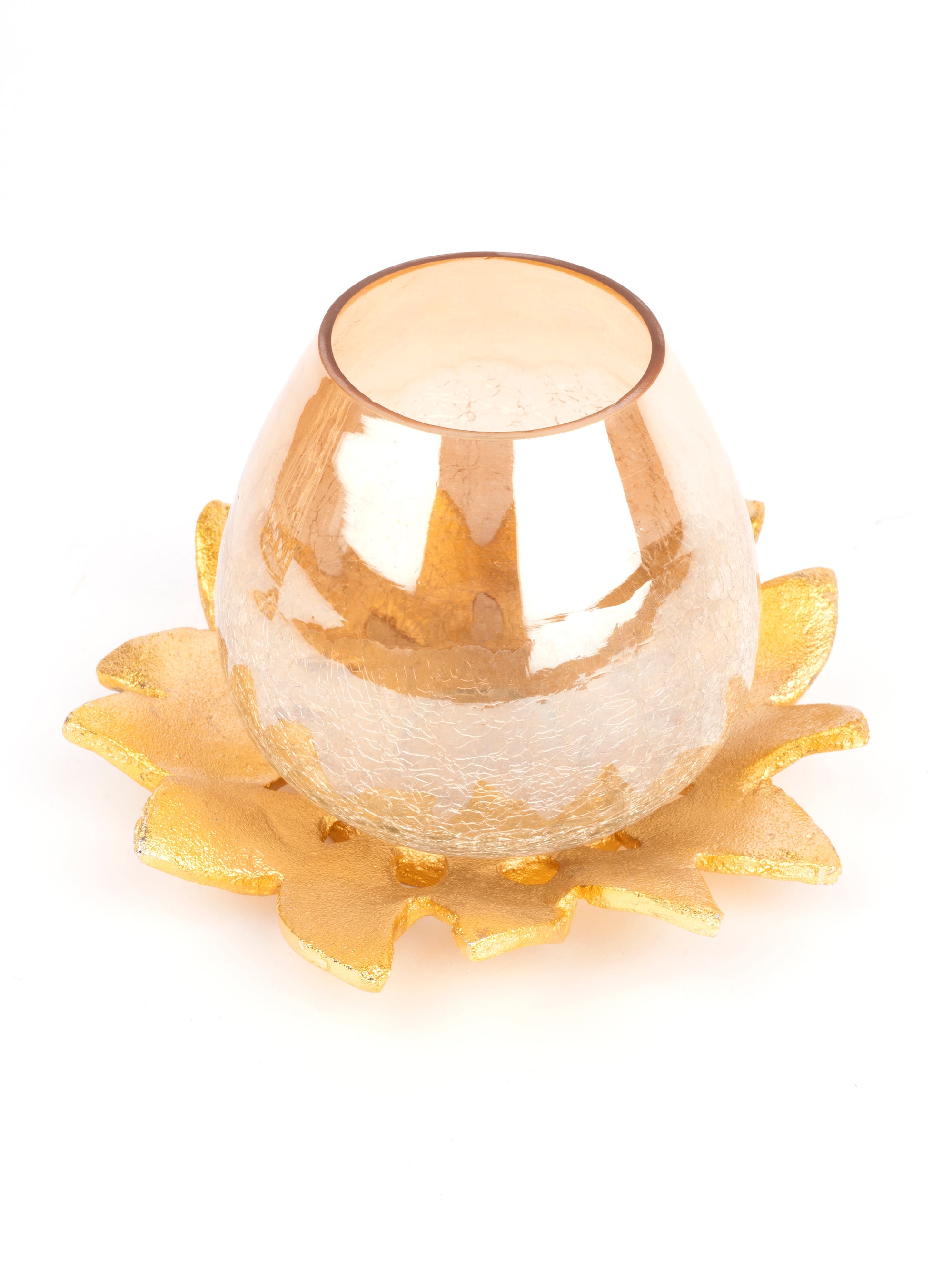 Lotus Shaped Crackled Glass Tea Light Candle Holder with Metal Base - The Heritage Artifacts