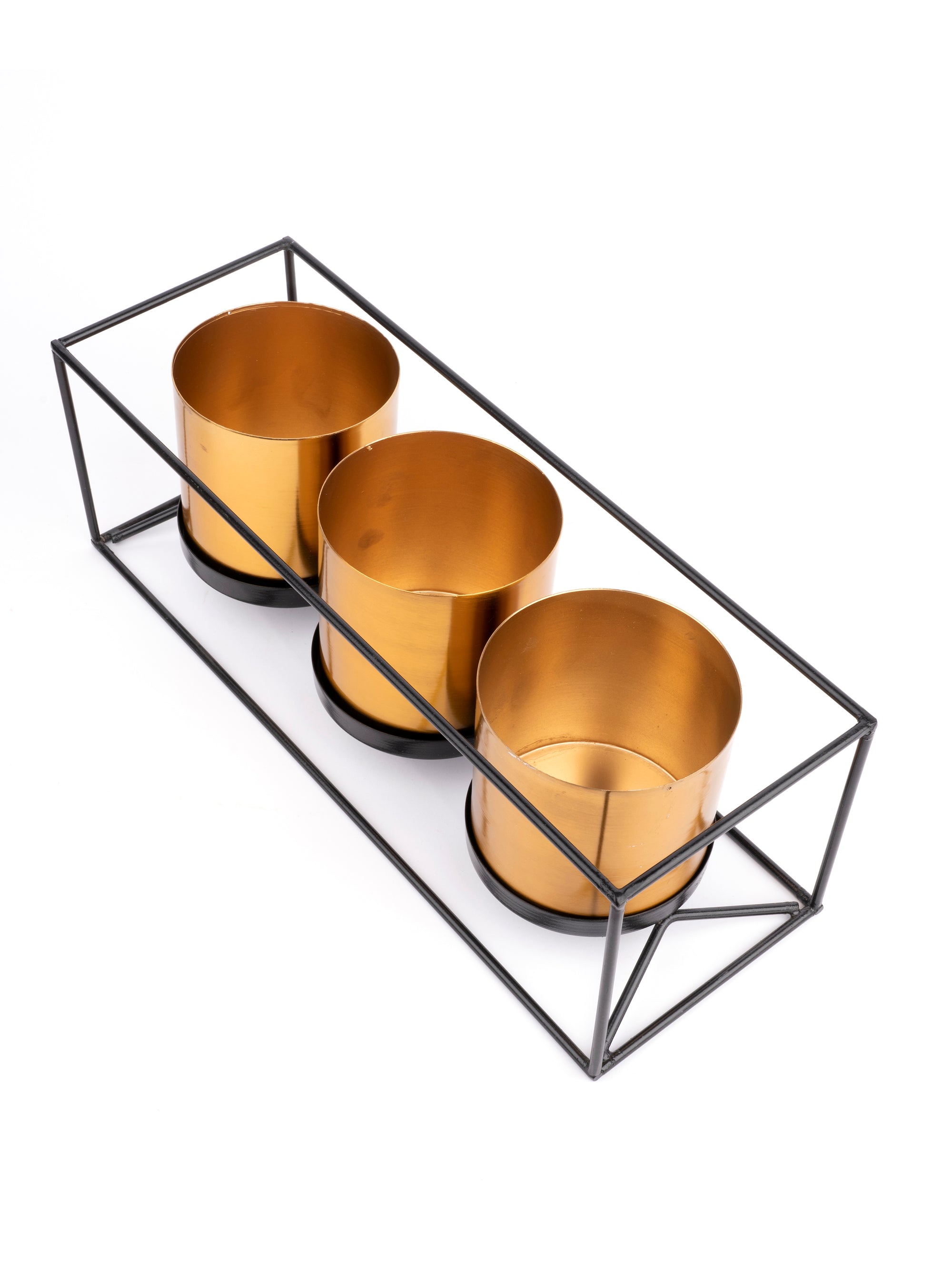 Set of 3 Golden Planters in a Black Metal Frame - The Heritage Artifacts
