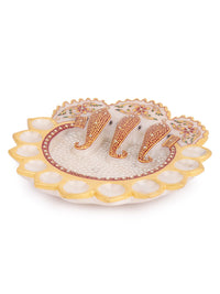 Marble 11 Diyas Puja Thali / Tray With Elephant Trunk Design at the Center - The Heritage Artifacts