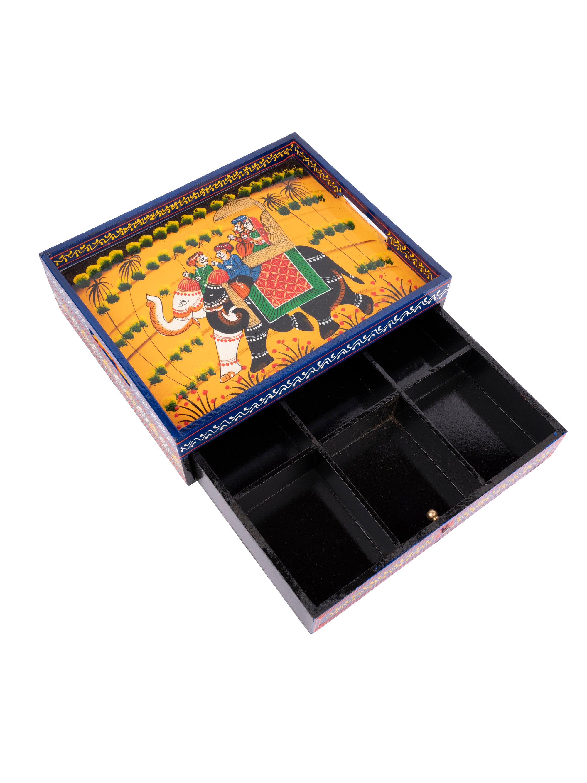 Colorful Hand Painted Square Wooden Tray with Drawers - The Heritage Artifacts