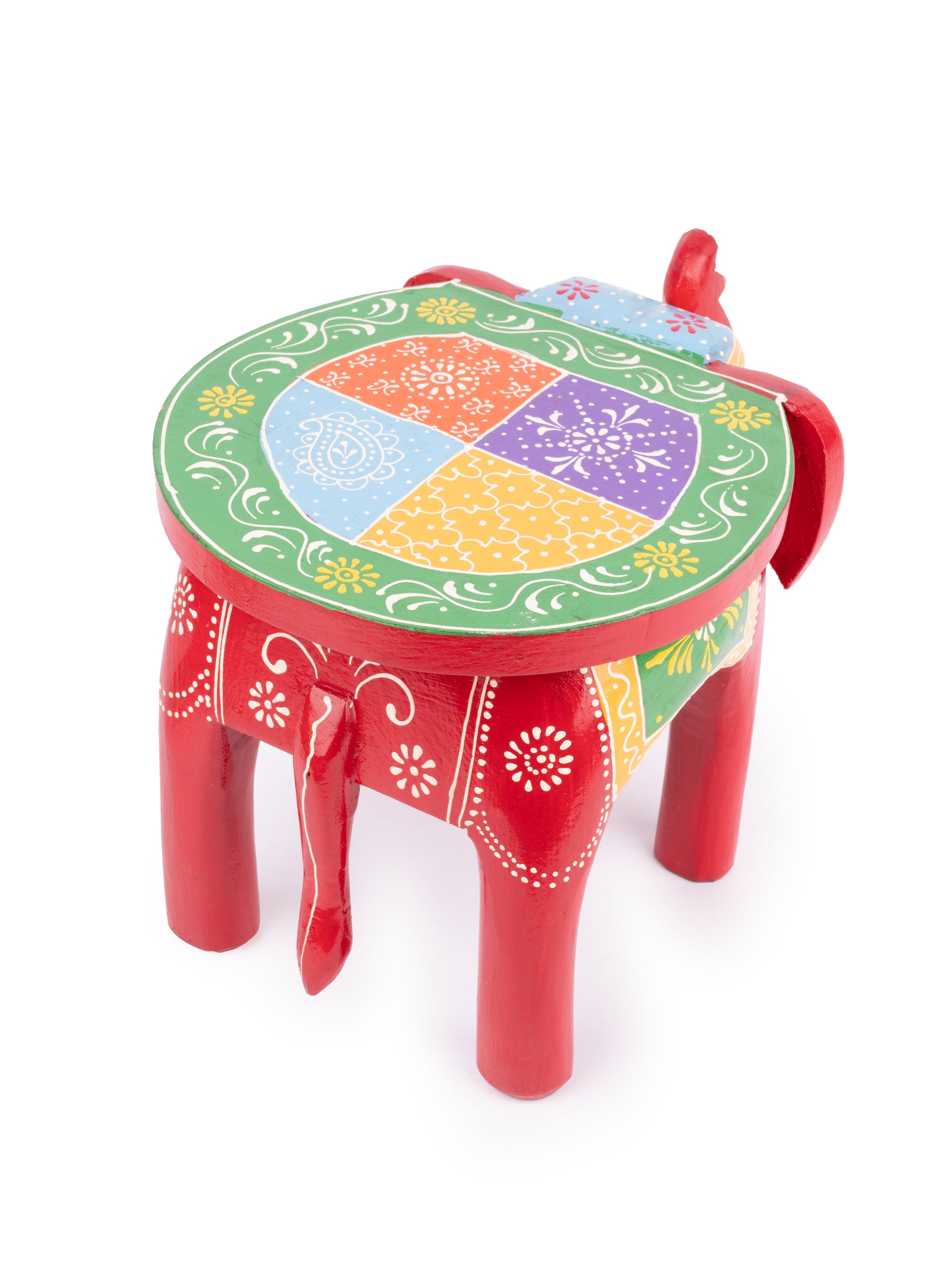 Wooden Hand Painted Multipurpose Elephant Stool 10 inches - The Heritage Artifacts