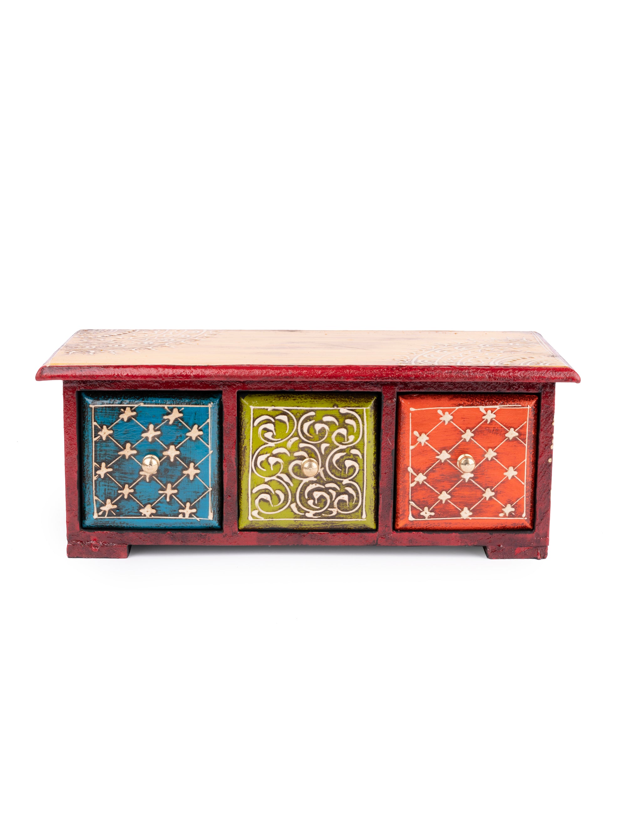 Wooden Multicolor Hand Painted 3 Drawers Storage Box - The Heritage Artifacts