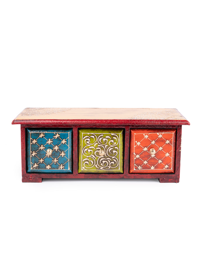 Wooden Multicolor Hand Painted 3 Drawers Storage Box - The Heritage Artifacts