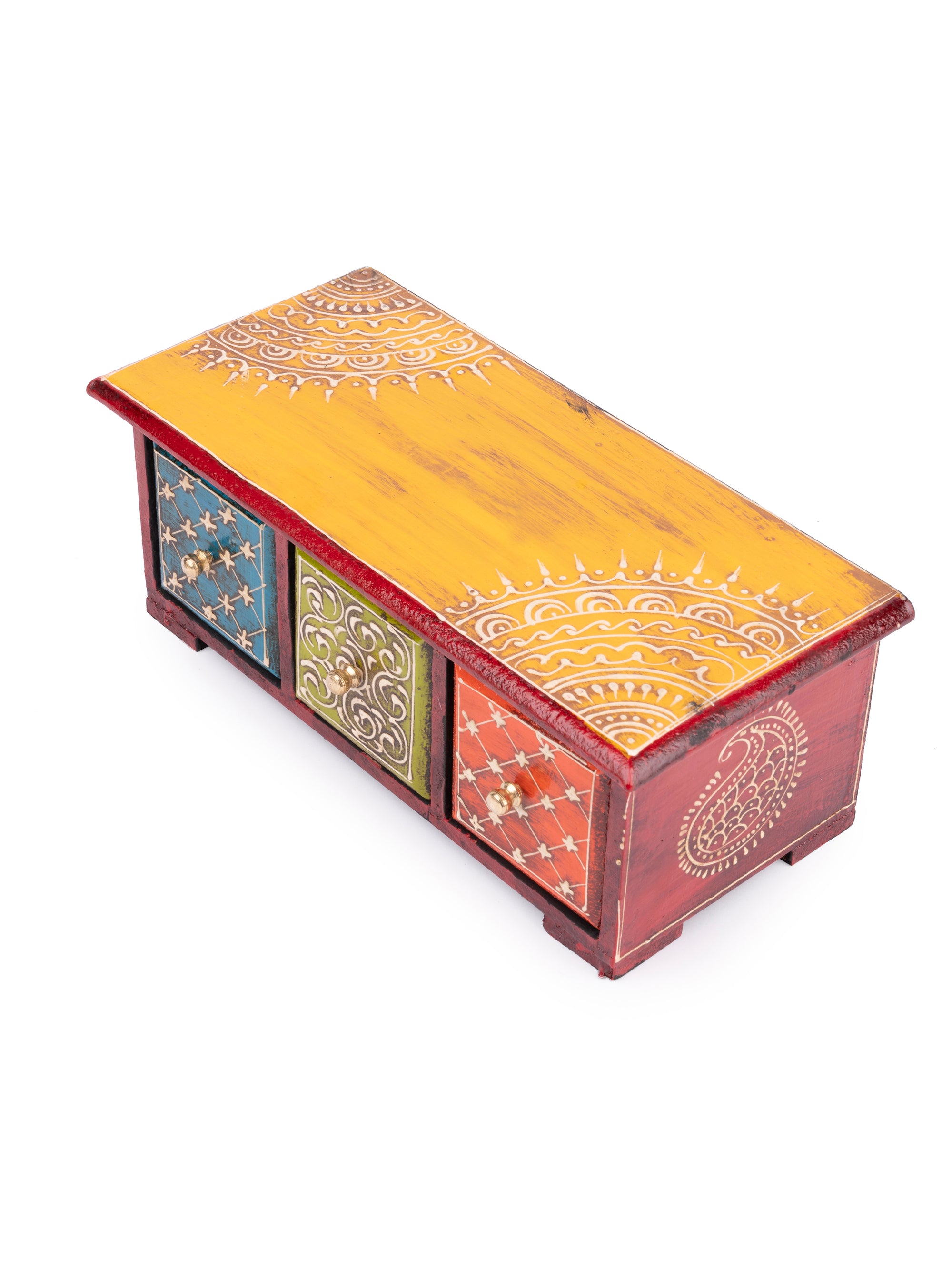 Wooden Multicolor Hand Painted 3 Drawers Storage Box - The Heritage Artifacts