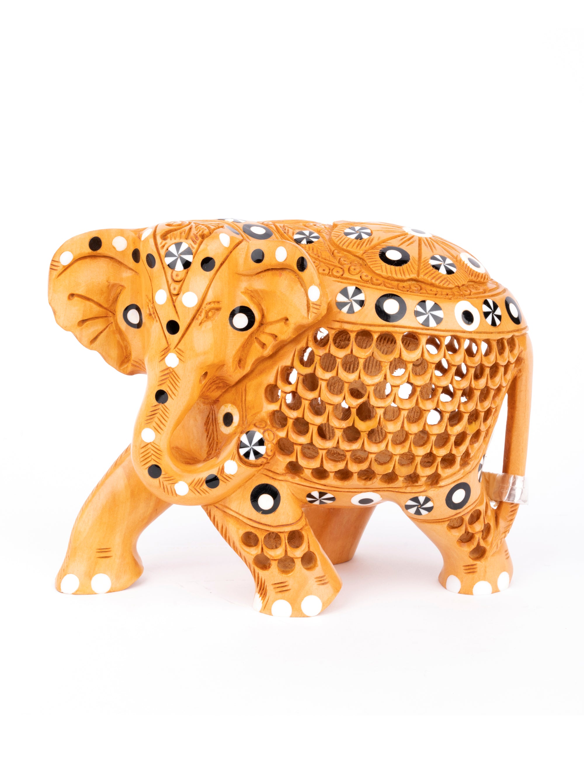Kadam wood carved Jali Design Elephant figurine with a sad face - The Heritage Artifacts