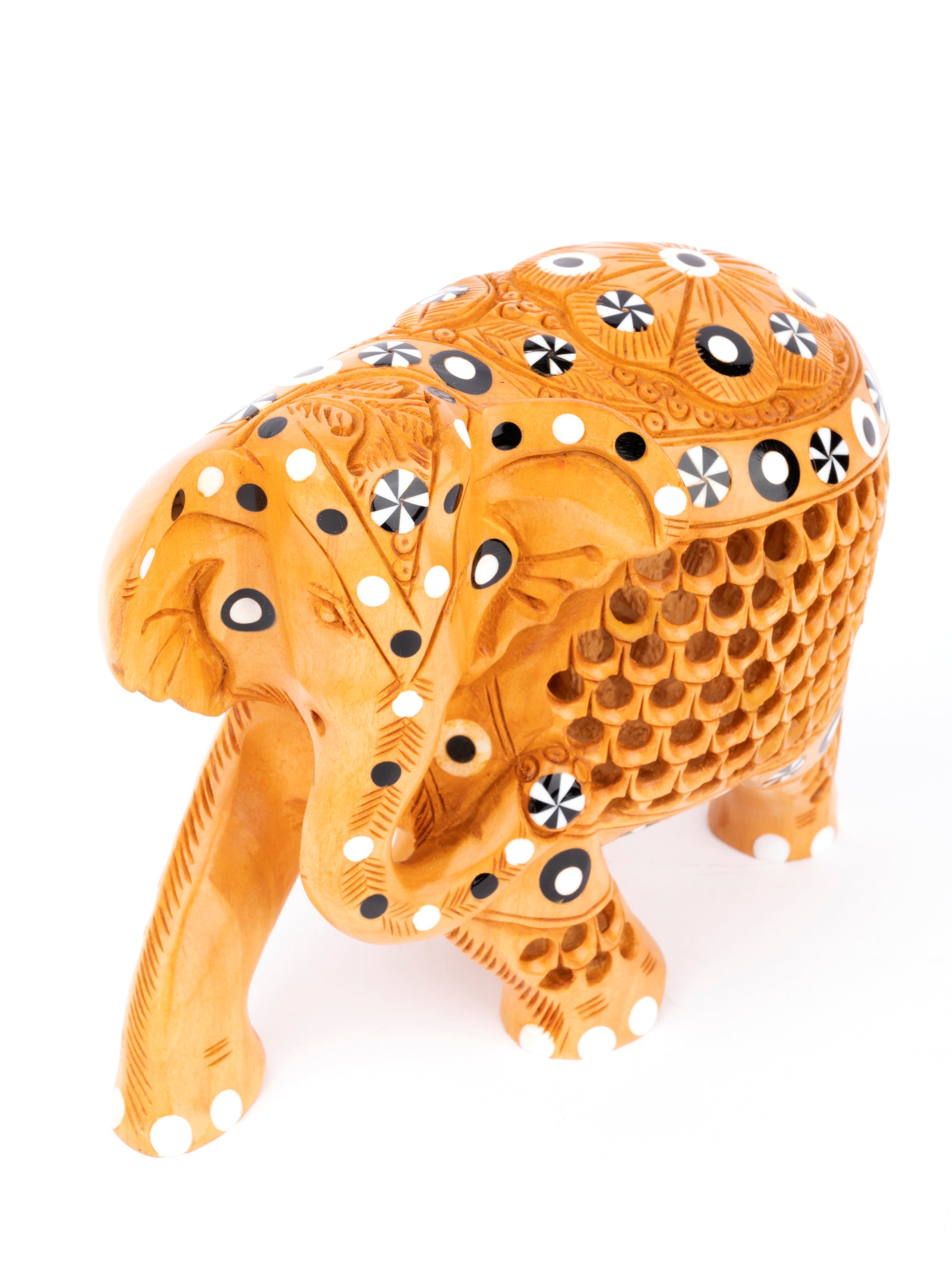 Kadam wood carved Jali Design Elephant figurine with a sad face - The Heritage Artifacts