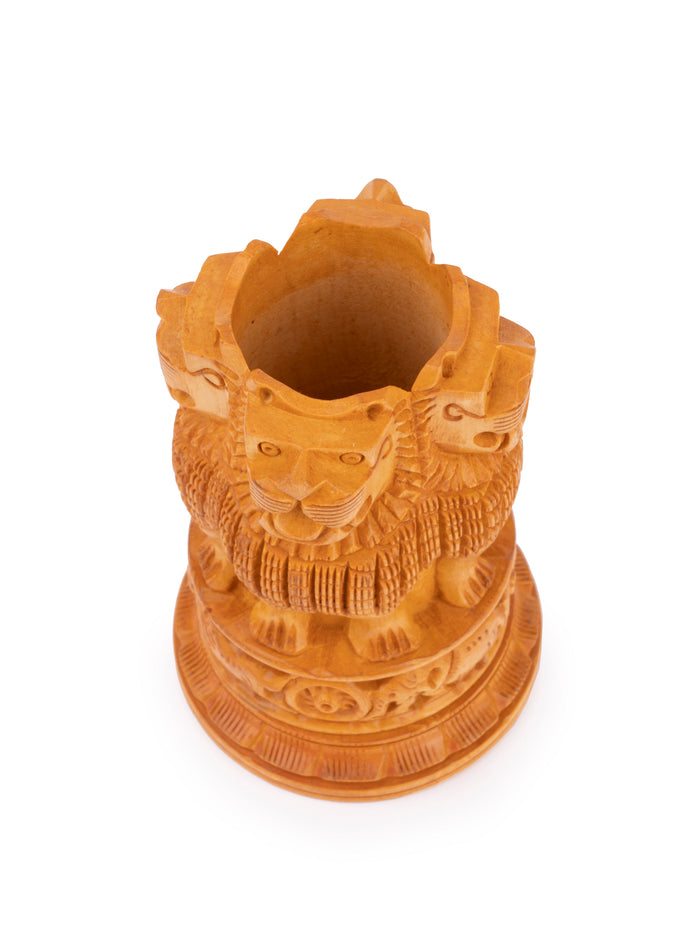 Kadam wood carved Ashok Stambh Pen / Pencil holder - 4 inches height - The Heritage Artifacts