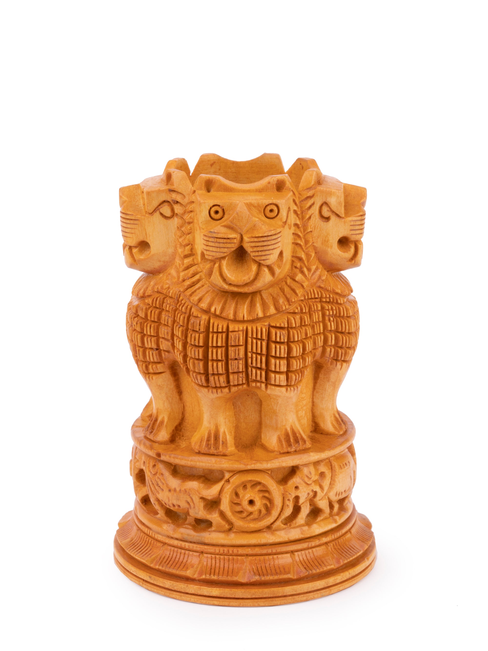 Kadam wood carved Ashok Stambh Pen / Pencil holder - 4 inches height - The Heritage Artifacts