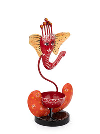 Handcrafted Metal Ganesh Tea light Holder in Red Color - 12 inches height - The Heritage Artifacts
