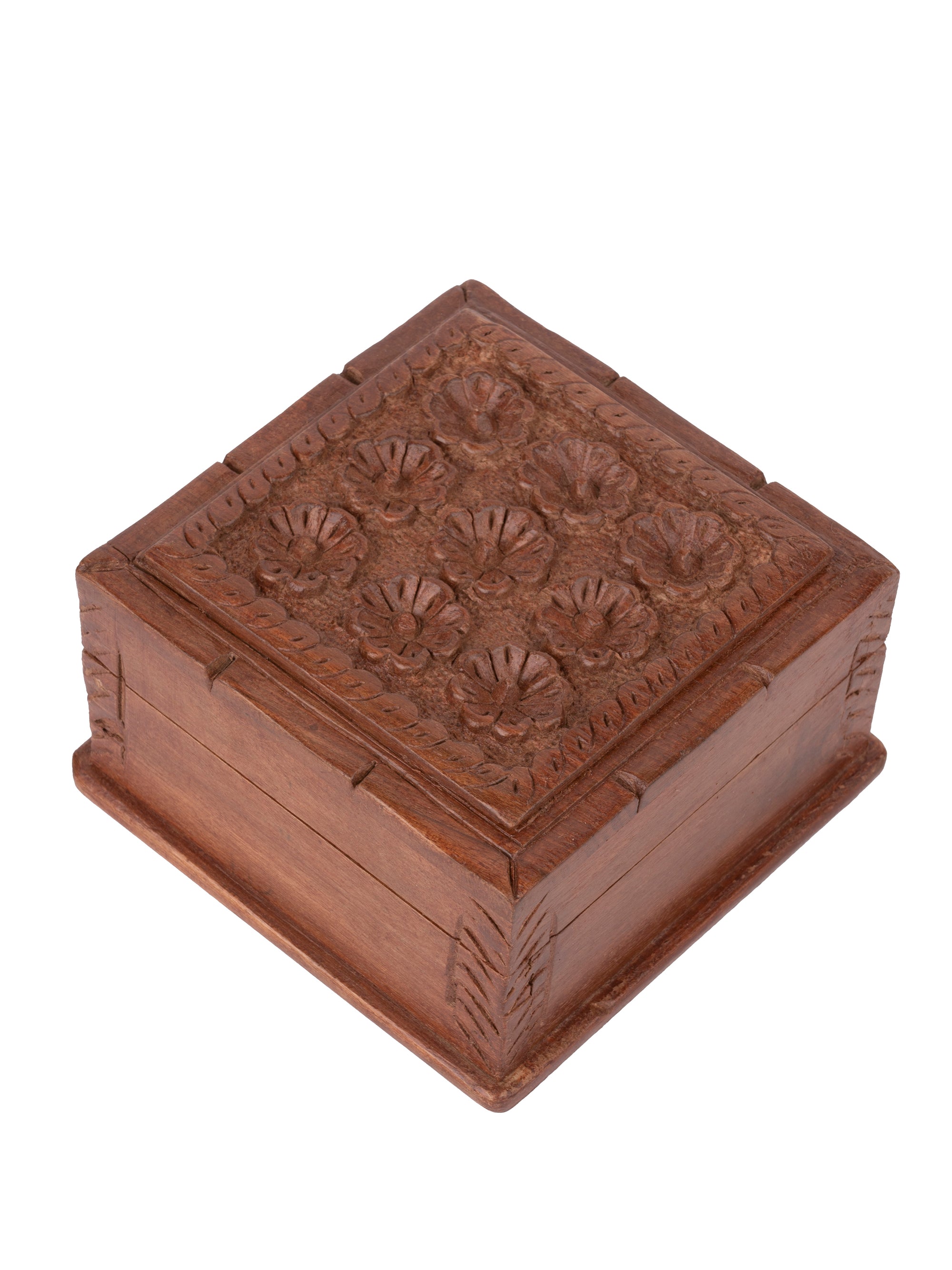 Walnut wood hand carved Jewellery box with floral motifs on top - 4x4 inches - The Heritage Artifacts