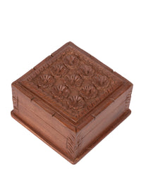 Walnut wood hand carved Jewellery box with floral motifs on top - 4x4 inches - The Heritage Artifacts